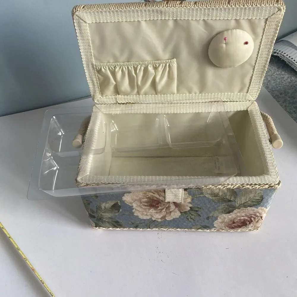 Vintage Sewing Basket W/plastic Tray Floral Pattern  On Top Footed Bottom